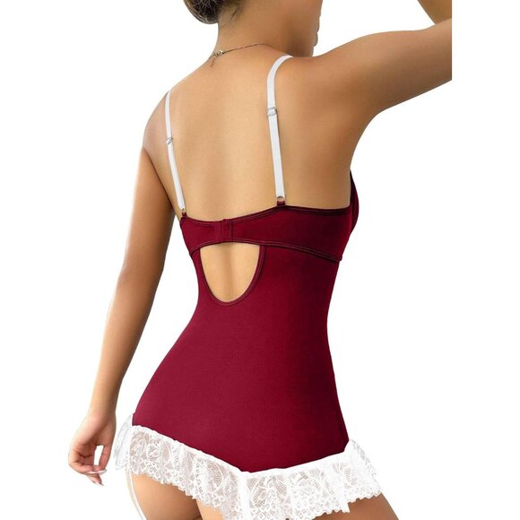 Sexy Floral Lace Garter Belt Babydol Corset Push Up Burgundy White Lingerie Set - Picture 2 of 5